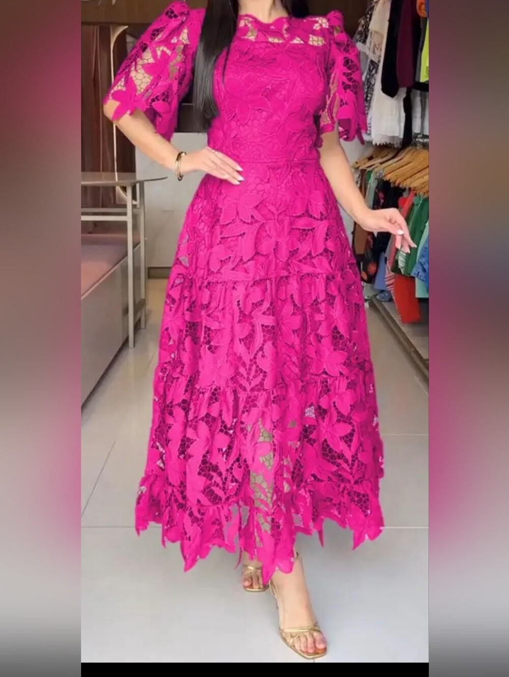 Fuchsia Lace Maxi Dress with Puff Sleeves